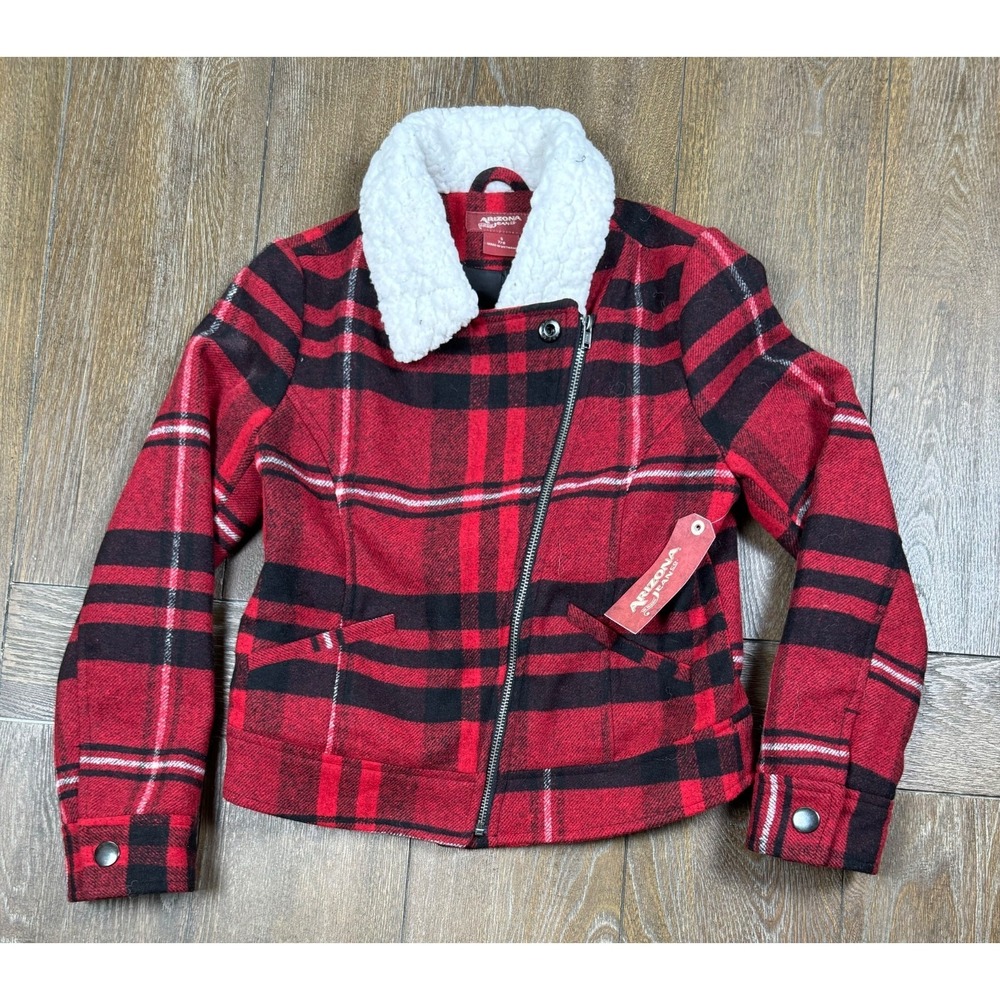 Arizona Jean Co Girls 7/8 Red Black Plaid Moto Jacket Sherpa Collar NWT 3347
